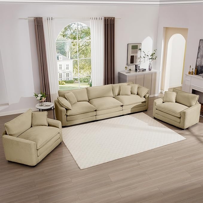 mikibama Luxury 3 Piece Sofa Set, 3-Seater & 2 Single Sofa Set, Modern Corduroy Comfy Cloud Couches Set for Living Room Office with 2 Armrest Pillows and 5 Toss Pillows, Camel