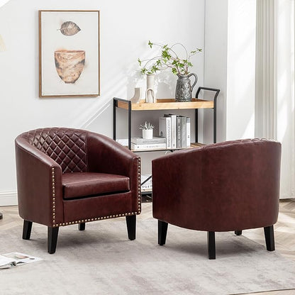 KINWELL 29" W Faux Leather Barrel Chairs Set of 2, Modern PU Upholstered Tufted Club Chairs with Nailhead Trim, Small Armchairs Accent Chairs for Living Room Bedroom Apartment Lounge Nursery, Red