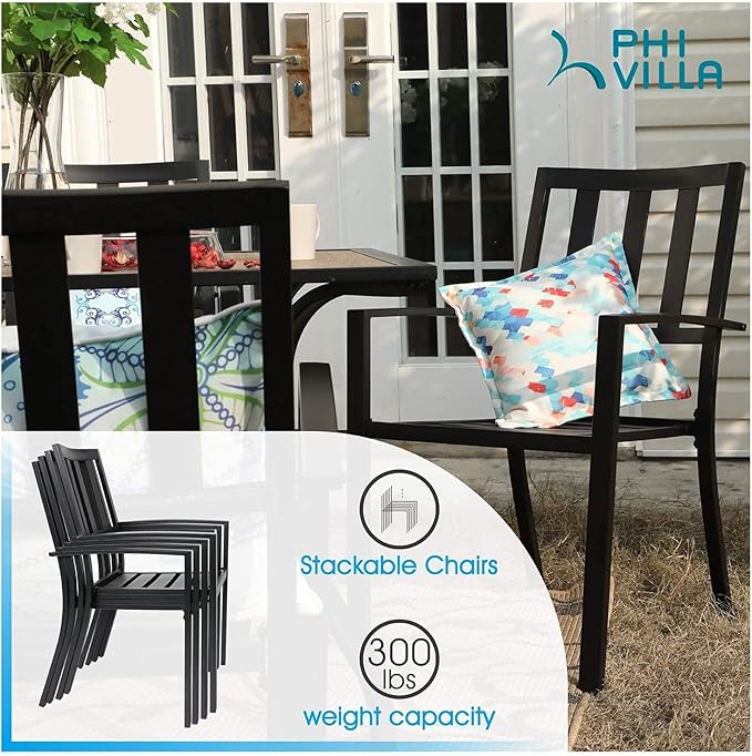 PHI VILLA Metal Outdoor Dining Chairs Set of 2 - Stackable Black Patio Chairs, 300lb Capacity (Stripe)
