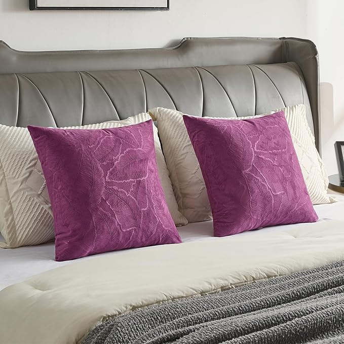 FUTEI Purple Velvet Throw Pillow Covers 22x22 Inch Set of 2,Soft Embossed Leaf-Relief Textured Cushion Cases,Natural Home Decor for Couch Living Room