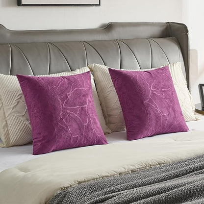 FUTEI Purple Velvet Throw Pillow Covers 22x22 Inch Set of 2,Soft Embossed Leaf-Relief Textured Cushion Cases,Natural Home Decor for Couch Living Room