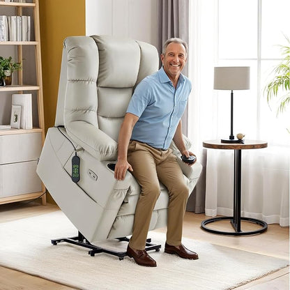 MCombo Large Triple Motor Power Lift Recliner Chair with Massage and Dual Heating, Adjustable Headrest for Tall Elderly People, Faux Leather 7634 (Light Grey, Large)