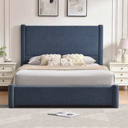 VELOCAVA Queen Size Upholstered Bed Frame with 51.77" Tall Headboard and Soft Rounded Corners, Side Storage Drawers, 12-Slat Support, No Box Spring Needed, Linen-Blend Fabric, Dusty Blue