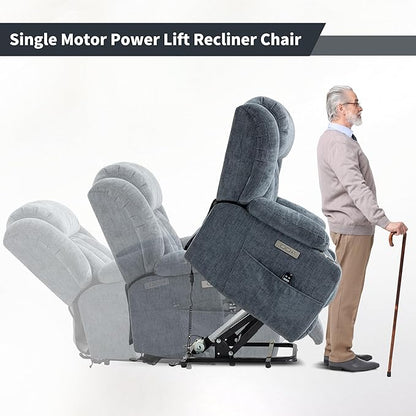 Power Lift Chair for Elderly, Electric Recliner Chair with 8-Point Vibration Massage and Lumbar Heating, Charging Ports, Cup Holders - Blue