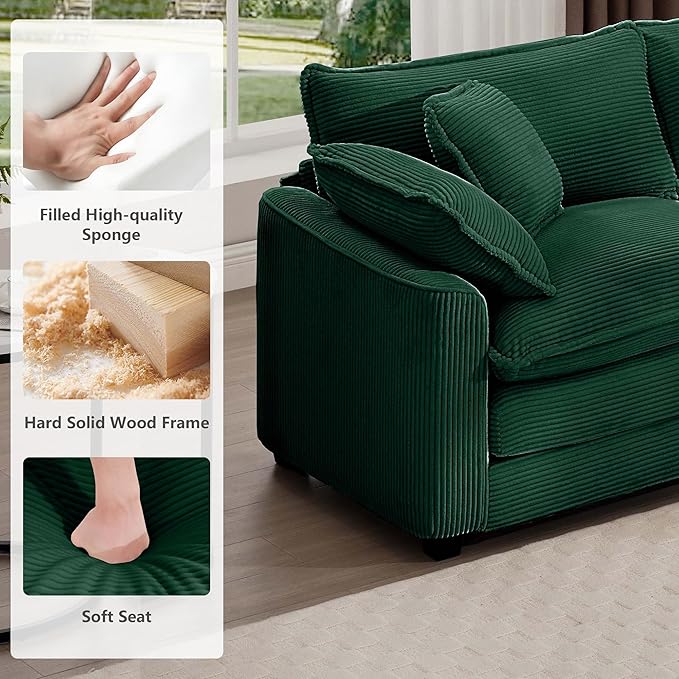 mikibama Luxury 3 Piece Sofa Set, Loveseat Couch & 2 Single Sofa Set, Modern Corduroy Comfy Cloud Couches Set for Living Room Office with 2 Armrest Pillows and 4 Toss Pillows, Green