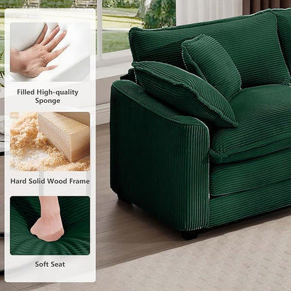 mikibama Luxury 3 Piece Sofa Set, 3-Seater & 2 Loveseat Couch Set, Modern Corduroy Comfy Cloud Couches Set for Living Room Office with 6 Armrest Pillows and 7 Toss Pillows, Green