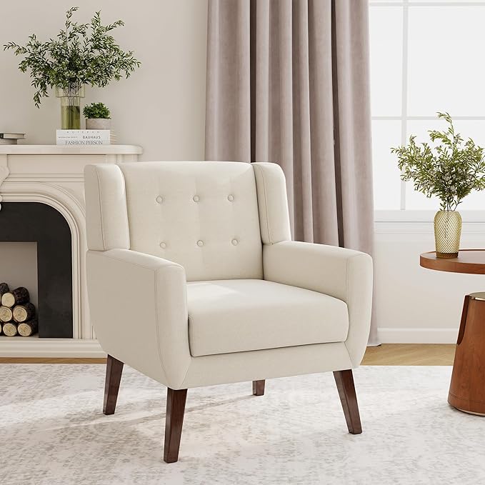 Accent Chair, Modern Fabric Armchair for Living Room, Comfy Upholstered Arm Chair Tufted for Indoor Bedroom Office Room (White)