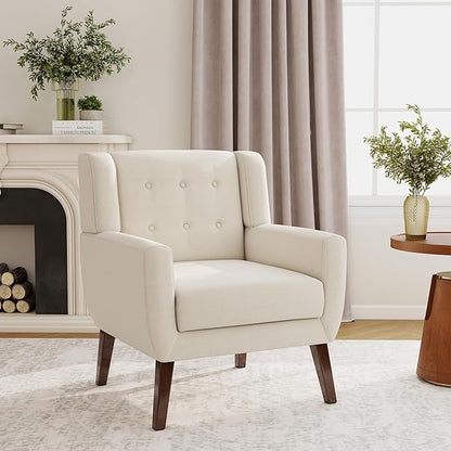 Accent Chair, Modern Fabric Armchair for Living Room, Comfy Upholstered Arm Chair Tufted for Indoor Bedroom Office Room (White)