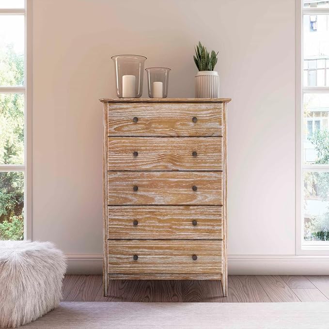 Grain Wood Furniture Greenport 5-Drawer Chest, Solid Wood with Brushed Driftwood Finish