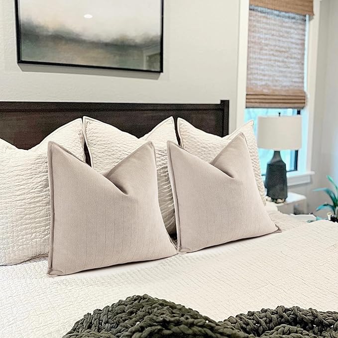 ZWJD Beige Pillow Covers 20x20 Set of 2 Chenille Throw Pillow Covers with Elegant Design Soft and Luxurious Decorative Throw Pillows for Couch, Bed, and Home Decor