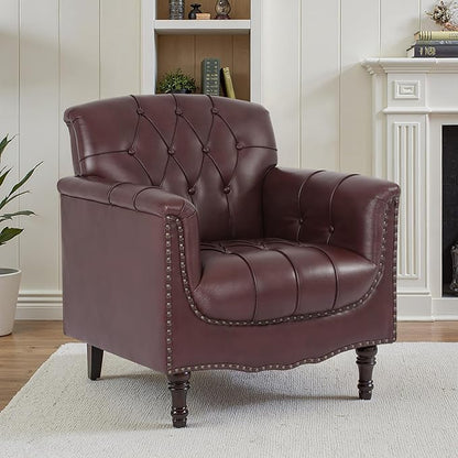 Faux Leather Accent Chair, PU Leather Modern Comfy Upholstered Armchair with Wood Legs & Nailhead Trim for Living Room, Bedroom