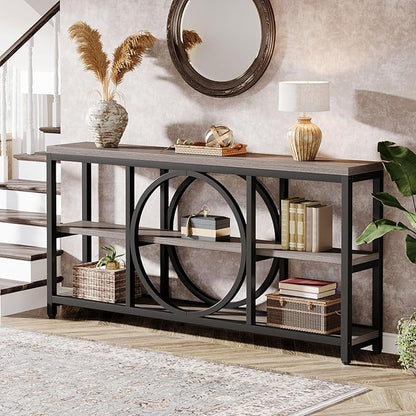 Tribesigns 70.9 Inch Extra Long Console Table for Entryway, Sofa Table Behind Couch with 3 Tier Wood Storage Shelves Industrial Metal Frame for Living Room Hallway Entryway, Black Rustic Gray