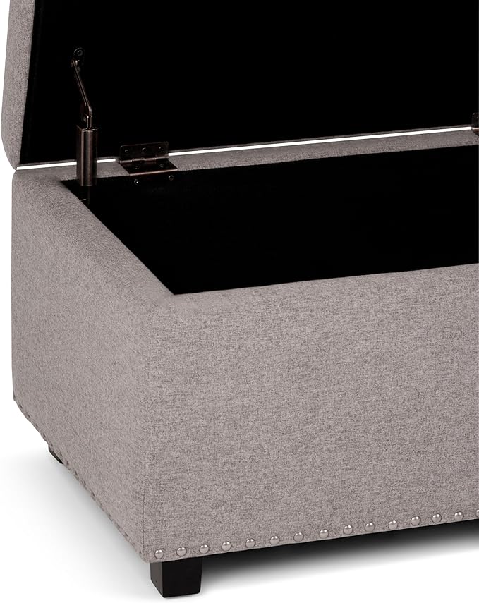 SIMPLIHOME Hamilton 48 inch Wide Transitional Rectangle Storage Ottoman in Cloud Grey Linen Look Fabric, Assembled, For the Living Room, Entryway and Family Room