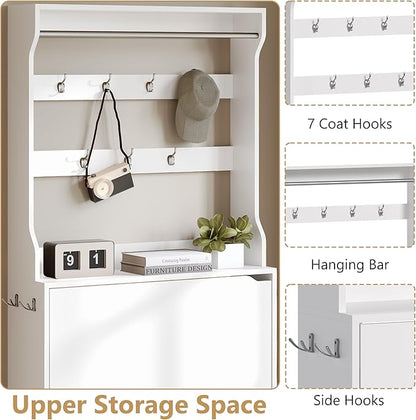 Tall Shoe Cabinet with Coat Rack, Hidden Shoe Storage Cabinet with Doors & Drawer, Hanging Bar & Hooks, Slim Narrow Freestanding Shoe Rack Organizer for Entryway, Hallway & Living Room, White