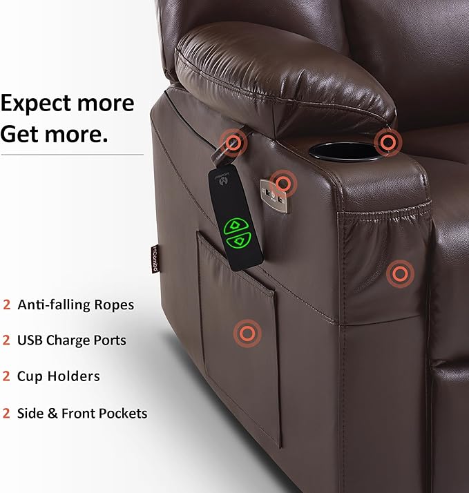 MCombo Oversized Power Lift Recliner Chair with Massage and Heat for Big and Tall Elderly People, Cup Holders, USB Ports, Side Pockets, Faux Leather R7541 (Dark Brown, Large-Oversize)