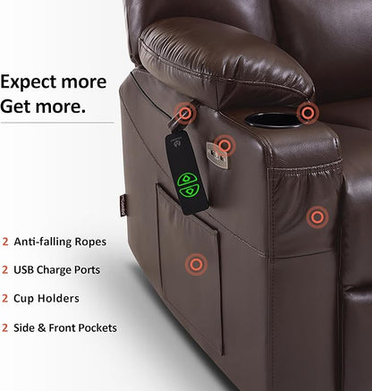 MCombo Oversized Power Lift Recliner Chair with Massage and Heat for Big and Tall Elderly People, Cup Holders, USB Ports, Side Pockets, Faux Leather R7541 (Dark Brown, Large-Oversize)