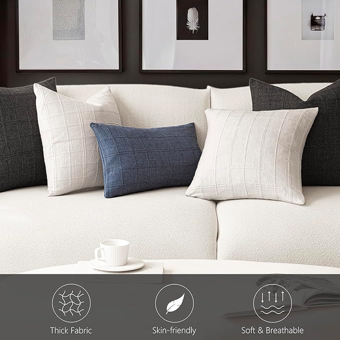 Foindtower Set of 2 Decorative Linen Check Throw Pillow Covers Neutral Farmhouse Vintage Cushion Covers Modern Boho Home Decor for Sofa Chair Couch Bedroom Living Room,24×24 Inch,Charcoal