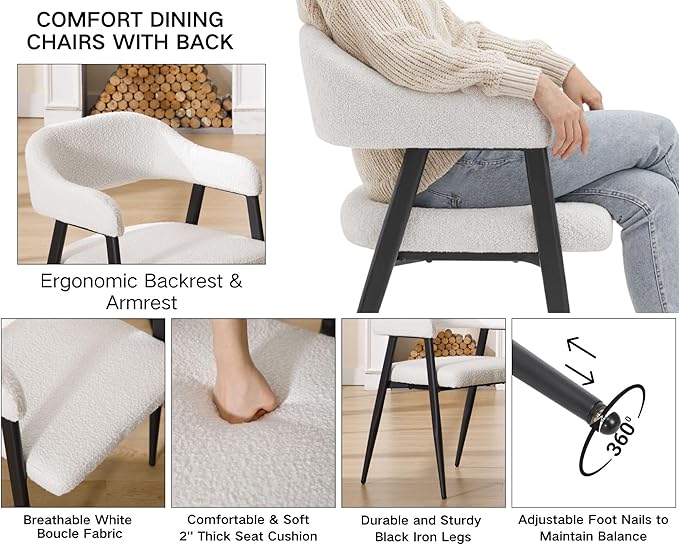 HNY Modern Dining Room Arm Chairs Set of 6, Faux Sherpa Boucle Upholstered Barrel Dining Chairs with Arms Mid-Century White Accent Chair with Metal Legs, Open-Back Kitchen Side Chair for Living Room