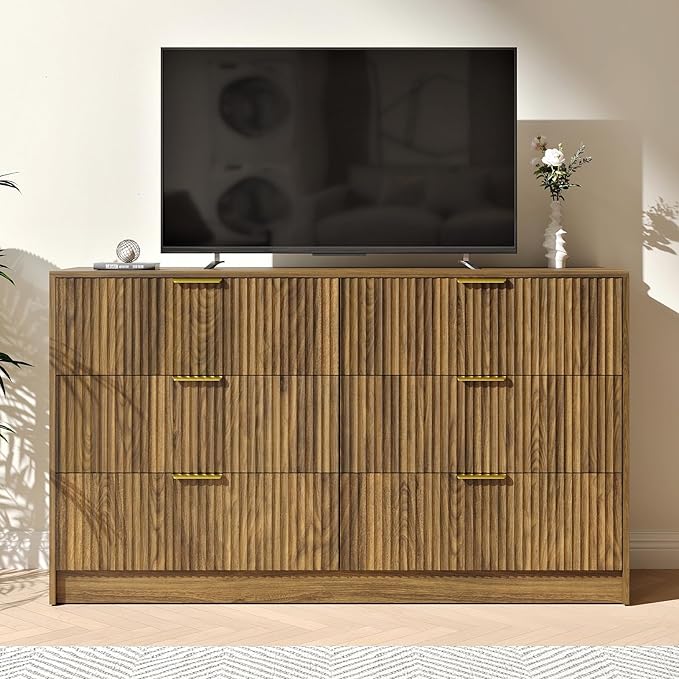 Walnut 6 Drawer Dresser Bedroom,55” Wide Fluted Dresser Wood with Gold Handles,Mid Century Wooden Chest of Drawer for Closet,Bedroom,Living Room,Walnut