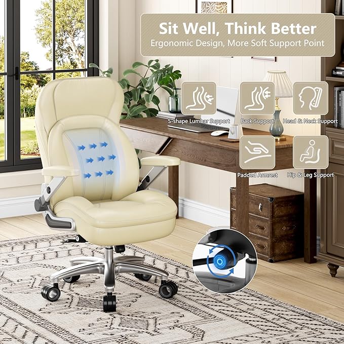 Big and Tall Office Chair, 600lbs Heavy Duty Desk Chair with 5D Arms, Adjustable Lumbar Support & Height, Tilt Function, PU Leather High Back Ergonomic Executive Computer Chair with 3'' Silent Casters