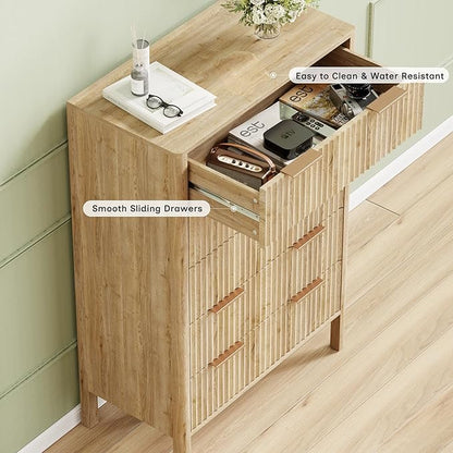 47" Tall Dressers for Bedroom Fluted 5 Drawer Dresser, Wooden Dresser Modern Chest of Drawers Dressers with Organizer Storage for Bedroom, Living Room, Entryway, Oak