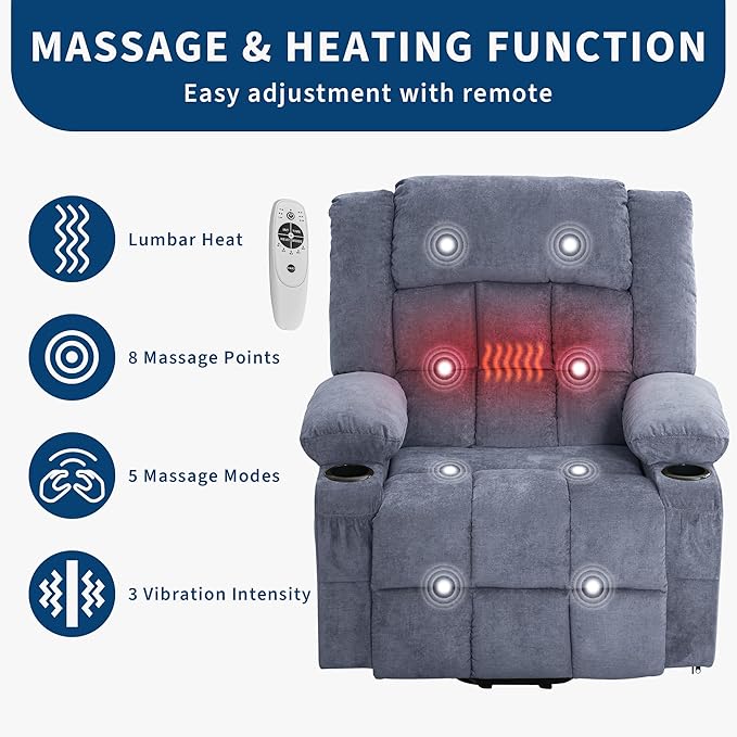 Large Power Lift Recliner Chair for Elderly Overstuffed Wide Electric Lift Chair with Heat and Massage for Big and Tall Adults Reclining Sofa Chair with 2 Cup Holders, Side Pocket, USB Port, Blue