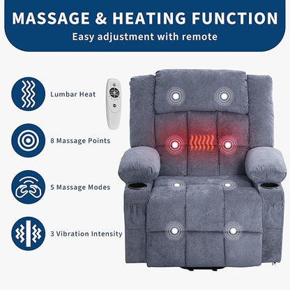 Large Power Lift Recliner Chair for Elderly Overstuffed Wide Electric Lift Chair with Heat and Massage for Big and Tall Adults Reclining Sofa Chair with 2 Cup Holders, Side Pocket, USB Port, Blue