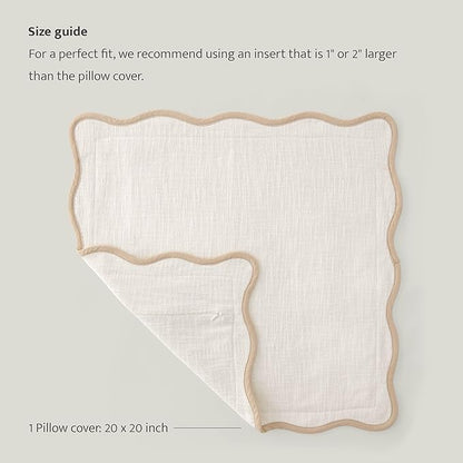 Double Stitch Scalloped Throw Pillow Covers - 100% Cotton Decorative Boho Pillow Covers 20 x 20, Made in India, Square Cushion Case, Modern Home Decor for Couch Sofa Living Room, Cream