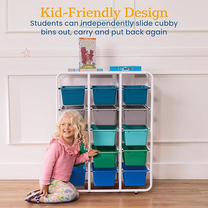 ECR4Kids 5-Tier Storage Rack with 15 Cubby Bins 5x3, Multipurpose Organization, Contemporary