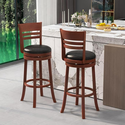 COSTWAY Bar Stools, 360-Degree Swivel Bar Chairs with PU Upholstered Seats, Solid Rubber Wood Backrests, Footrests & Legs, Bar Height Stools with Backs for Kitchen, Bar, Brown (2)