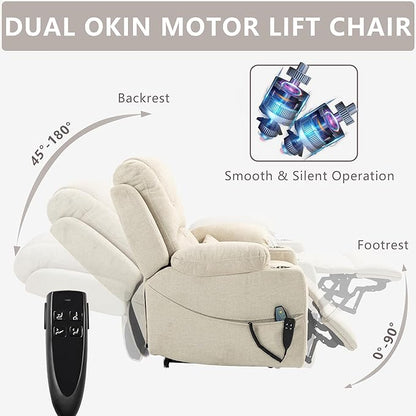 Large Power Lift Recliner Chair Sofa with Massage and Heat for Big and Tall Elderly,Infinite Positions,Dual Motor,Cup Holders,Extended Footrest,Velvet Home Theater Seat