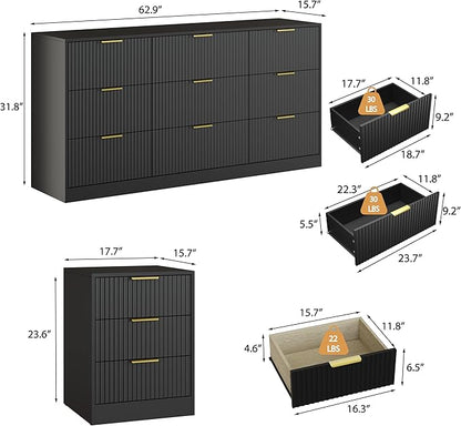 3-Piece Modern Bedroom Furniture Set, Wide 9-Drawer Dresser & 3-Drawer Nightstands Set of 2, Natural Wood Dresser and Nightstand Sets for Bedroom, Hallway, Black