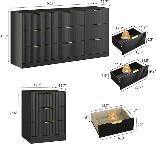 3-Piece Modern Bedroom Furniture Set, Wide 9-Drawer Dresser & 3-Drawer Nightstands Set of 2, Natural Wood Dresser and Nightstand Sets for Bedroom, Hallway, Black