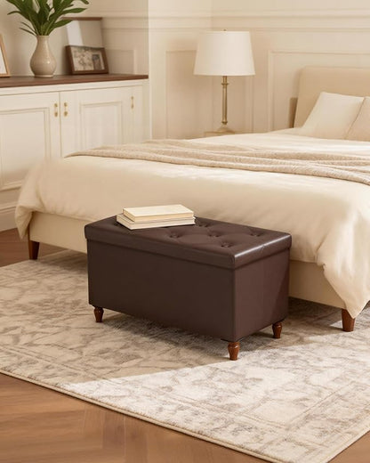 GLAXYFUR 30 Inches Storage Ottoman Bench with Wooden Legs, Faux Leather Folding Ottoman Foot Rest, Storage Bench for Living Room, Hallway & Bedroom, Brown