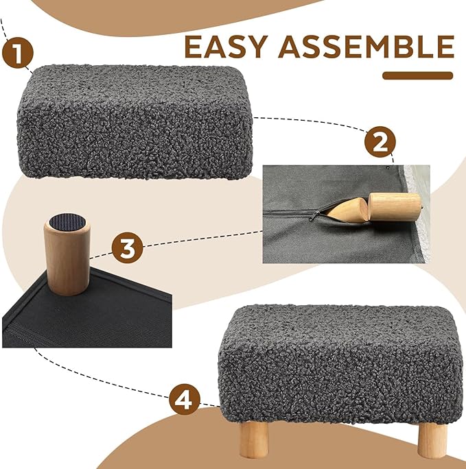 Small Foot Stool Ottoman, Sherpa Footstool Ottoman Foot Rest for Couch, Rectangle Footstools and Ottomans Small for Living Room, Entryway and Bedroom (Gray)