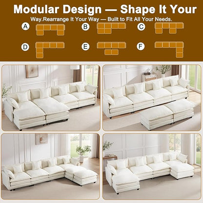 U-Shaped Cloud Chenille Sectional with 2 Ottomans, 146" Modular Sofa for Large Spaces, Ultimate Comfort with Deep Seats & Pillows, Solid Frame, 1YR Warranty