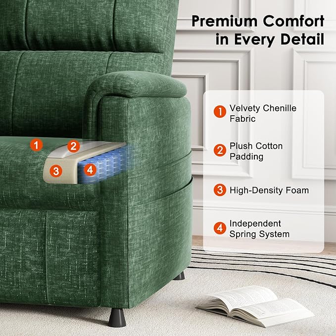 Amada Power Recliner Chair for Adults, Chenille Electric Reclining Chair for Small Spaces with Remote & Side Pockets, Thick Seat Cushion for Home Theater, RV, Living Room & Bedroom(Chenille Green)