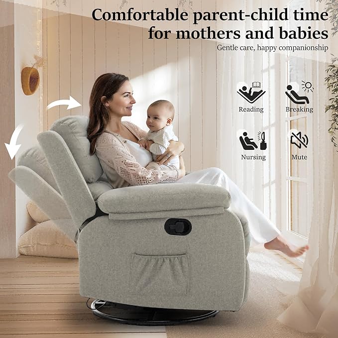 Recliner Chair, 360 Swivel Rocker Chair for Adults, Small Rocking Recliner Chair for Small Spaces, Upholstered Fabric Glider Recliner Nursery Chair with Side Pockets for Living Room, Nursery