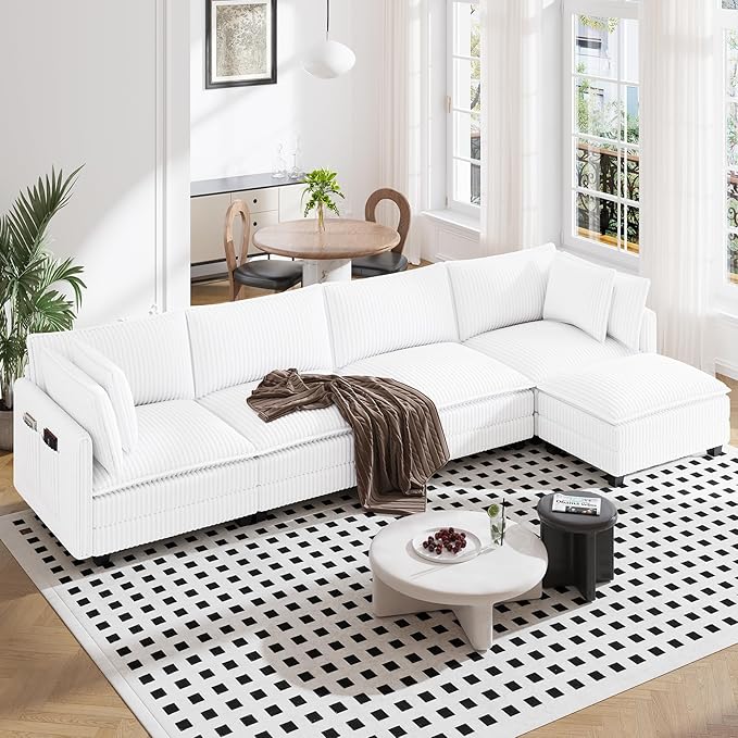 Vesgantti 143" L Shaped Modular Sectional Sofa, Comfy Corduroy Upholstered Modular Sectional Couches for Living Room, Modern Cloud Couch with Ottoman Deep Seat, Warm White