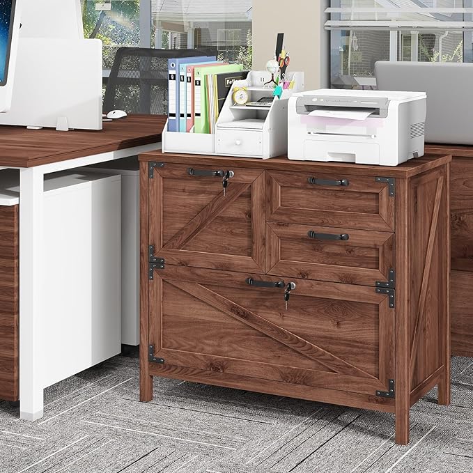 Lateral File Cabinet with 4 Drawers, Farmhouse File Cabinet for Letter/Legal/A4 Size Hanging Files, Large Wood File Storage Cabinets Printer Stand for Home Office Cabinets, Brown with Lock