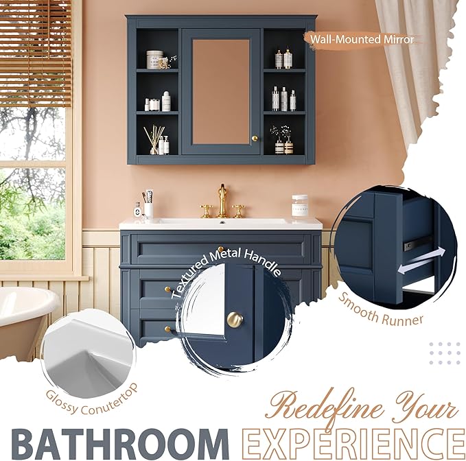 36" Bathroom Vanity with Matching Medicine Cabinet, Modern Sink Storage Cabinet with Drawers, Soft Closing Doors and Shelf, Bathroom Vanities with Sink & Mirror