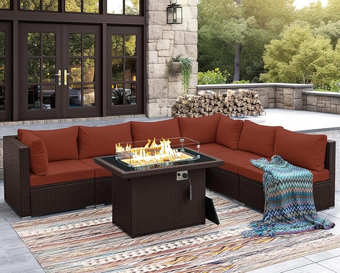 NICESOUL 7 Piece Modular Outdoor Furniture Set with Firepit Natural Gas&Propane, 29.3'' High Back L-Shaped 6-Seater Patio Wicker Sectional Sofa Couch Sets for Tall People, Brown Rattan and Red Cushion