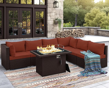 NICESOUL 7 Piece Modular Outdoor Furniture Set with Firepit Natural Gas&Propane, 29.3'' High Back L-Shaped 6-Seater Patio Wicker Sectional Sofa Couch Sets for Tall People, Brown Rattan and Red Cushion