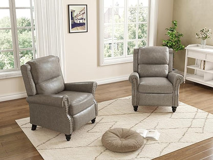 Pushback Recliner Chairs Set of 2, Faux Leather Wingback Recliner Chair, Upholstered Armchair Push Back Recliner with Wood Legs, Rivet Trim Single Sofa Accent Chair for Living Room, Bedroom, Gray