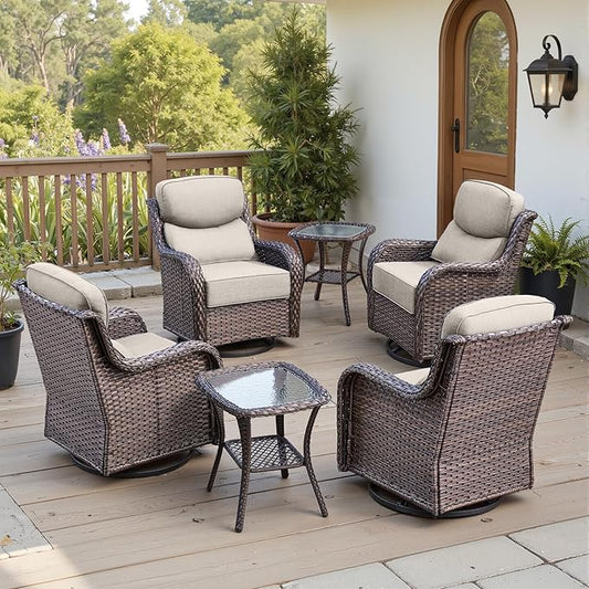 Belord Luxury 6" Thick Cushioned Outdoor Swivel Rocker Patio Chairs Set of 4 with Side Table, High Back Wicker Furniture Set with Ergonomic Zone Back, Conversation Set for Deck Porch - Brown+Beige