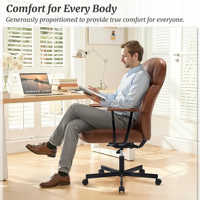 High Back Office Desk Chair, Breathable Ergonomic Leather Chair with 5-Layer Seat Cushion with 135°Reclining Lumbar Support Adjustable Height Rolling Swivel Executive Armrests Chair, Brown