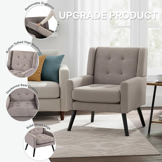 Mid-Century Modern Accent Chair Set of 2, Plush Linen Fabric with Button Tufted High Back & 5" Thick Cushion, High Comfort Reading Chair for Living Room, Bedroom, Office (Light Gray)