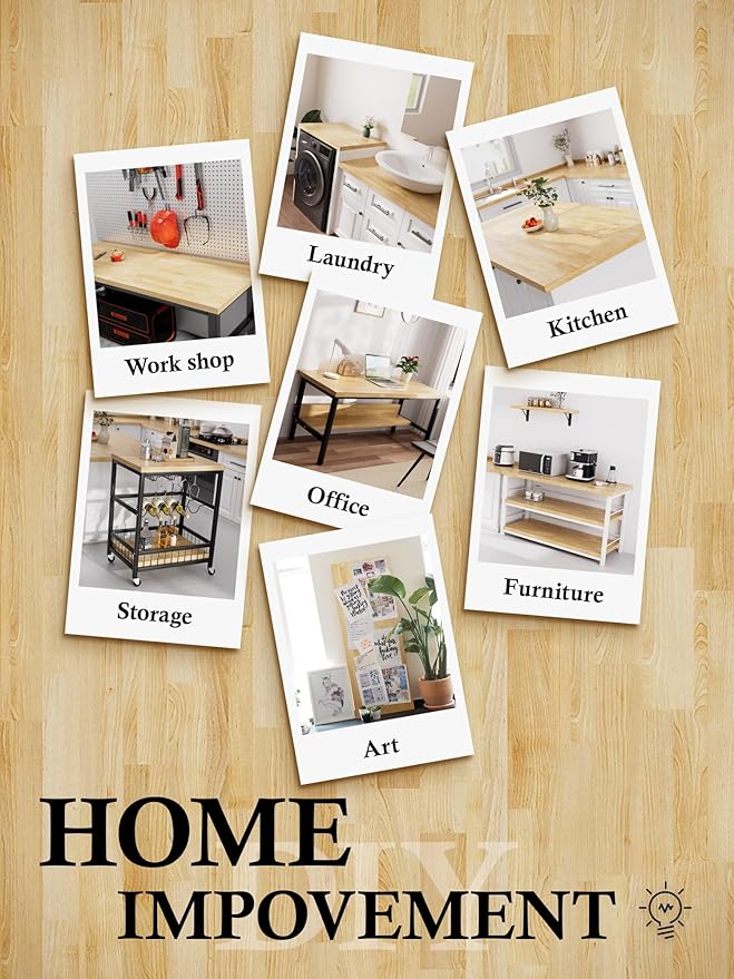 5FT Butcher Block Countertop Birch Solid Wood - 60" x 25" Table Top Butcher Block Cutting Board for Kitchen Island Living Dining Table Office Desk Workbench laundry Countertop Unfinished 1.5" Th