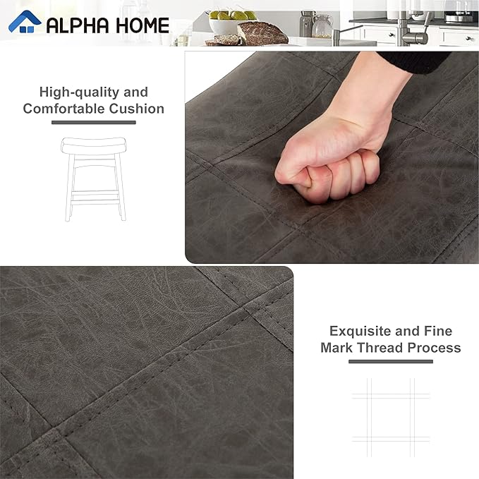 ALPHA HOME Bar Stools Set of 4, Solid Wood Saddle Kitchen Stools with Grey PU Leather Cushion Counter Height Barstools with Wooden Base for Kitchen Dining Cafe, 24 Inch, Grey, 4PCS