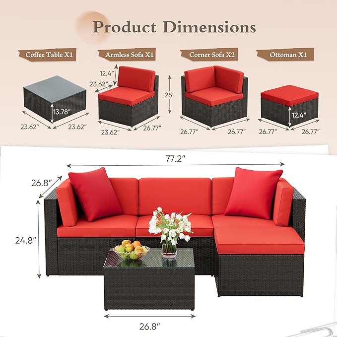 JUMMICO 5 Pieces Patio Furniture Set, Outdoor Sectional Sofa Conversation Sets, Couch Rattan Chair Wicker with Ottoman Cushion, Glass Tea Table and Pillows for Backyard Porch Garden Pool Balcony, Red